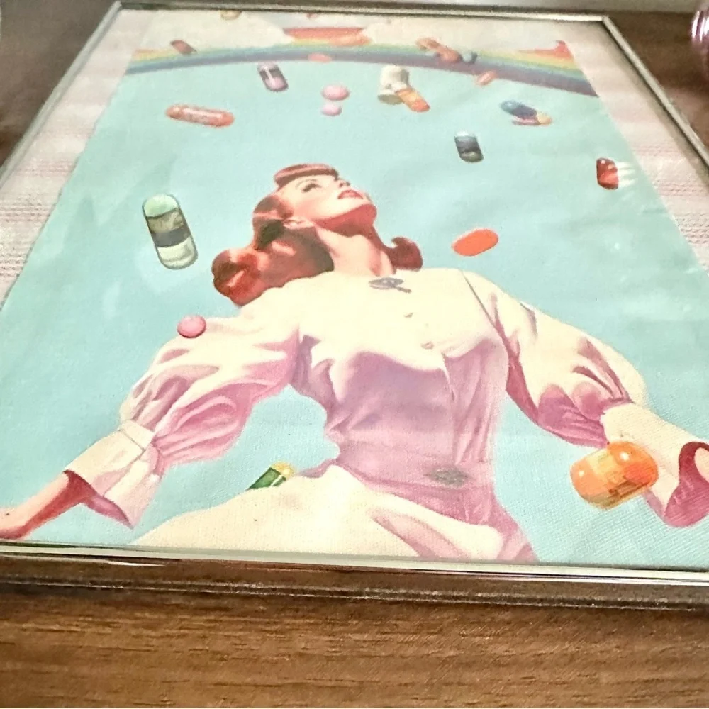 Happy Forever Rainbow Pills Raining Surreal Wall Art Framed Colorful Medication